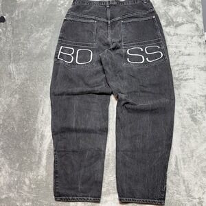 Vintage 90s Boss IG Design Baggy Embroidered Jeans Black Rave 37x34 Wide